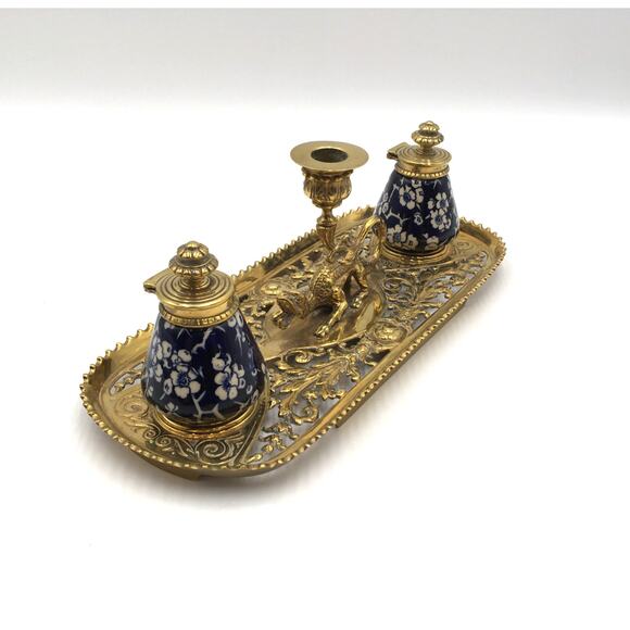 Antique Gilt Bronze Dragon Filigree and Ceramic Inkwell Candle Holder - Picture 3 of 8